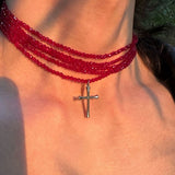 Fashionkova Gothic Punk Cross Pendant Red Multi Layered Beaded Necklace For Women Men Y2K Jewelry Hip Hop Grunge Charms Street Accessories