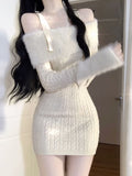 Fashionkova  party look inspos Sexy Knitted New One Piece Dress Women Off Shoulder Sweet Vintage Y2k Mini Dress Female Korean Fashion Chic Sweater Dresses 2024