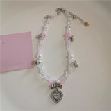 Fashionkova Gothic Cute Y2K Stainless Steel Bow Heart Pink Cross Pendant Beaded Pearl Snake Chain Necklace For Egirl 2000s EMO Acssesories