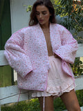 Fashionkova Y-neck Lace-up Cotton Coat Pink Floral Padded Jacket Loose Sweet Casual Japanese Cardigan Cotton-padded Coats Lady Warm Overcoat ootd outfit idea