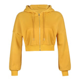 Fashionkova Solid Color Casual Zip Up Cropped Hoodie