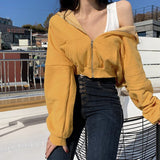 Fashionkova Solid Color Casual Zip Up Cropped Hoodie