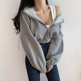 Fashionkova Solid Color Casual Zip Up Cropped Hoodie