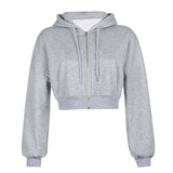 Fashionkova Solid Color Casual Zip Up Cropped Hoodie