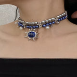 Fashionkova 2025 New Necklace Blue Beaded Pearl Cross Double-Deck Sun Pendant Unisex Punk Cool Couple Choker for Women Men Jewelry