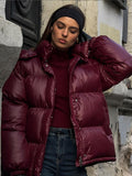 Fashionkova party look inspos Women Fashion Burgundy Red Hooded Padded Jacket Winter Warm Stand Collar Zipper Breasted Parka 2024 New Lady High Streetwear