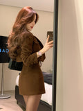 Fashionkova  Nye Outfit Winter Warm Elegant Strap Skirt Suit Women Brown France Vintage 3 Piece Set Female Korean Fashion Casual Designer Party Set 2023