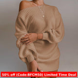 turtle neck outfit men Autumn and Winter Mid-Length Knitted Sexy off-Shoulder Pullover Women's Solid Color Woolen Skirt