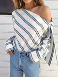 off shoulder  Autumn Women's Striped Shoulder Shirt Women's Fashionable Temperament Long Sleeve Bow Shirt Women