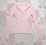 FashionKova-Millennial vintage knit Cardigan Women's pink pullover casual sweater with retro fashion autumn-winter semi-turtleneck with Emo