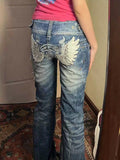Fashionkova ADAgirl Wing Embroidery Flare Jeans Women Y2k Hip Hop Vintage Baggy Korean Do Old Boot Cut Denim Pants Harajuku Fashion Trousers ootd