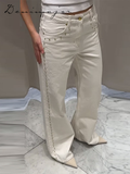 Fashionkova Street Bead White Jean Women Chic Baggy Wide Leg Straight Pocket Zipper Denim Long Pants 2025 Spring Casual Commute Lady Trouser