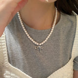 Fashionkova Kpop Fashion Aesthetic Silver Color Metal Bowknot Pendant Pearl Necklace For Women Girl 2024 New Simple Jewelry Accessories Gift