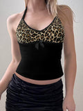 Fashionkova Patchwork Leopard Halter Top Women Backless Slim V Neck Sexy Crop Vest Sleeveless Bow Cute Kawaii Y2K Tank Tee