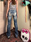 Fashionkova ADAgirl Wing Embroidery Flare Jeans Women Y2k Hip Hop Vintage Baggy Korean Do Old Boot Cut Denim Pants Harajuku Fashion Trousers ootd