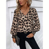 Fashionkova Women's Blouses Autumn Winter Simple Fitting Slim Leopard Long Sleeve V-Neck High Street Blouses Valentine's Day Aesthetic