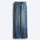 Fashionkova Hole White High Waist Women's Jean Fashion Flower Hollow Out Loose Female Denim Trousers 2025 Spring Summer Streetwear Jeans