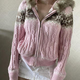 FashionKova-back to school outfit Fair Isle Aesthetic Womens Autumn Winter Knitted Sweater Casual Chic Fur Collar Hooded Cardigan Pullover Harajuku Y2K Streetwear