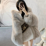 Fashionkova Fashion Hooded Faux Fox Fur Jacket Women Winter Warm Furry Jackets New Streetwear Loose Casual Gray Coats Female Outerwears ootd