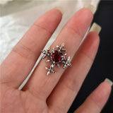 Fashionkova Goth Punk Retro Red Crystal Love Heart Cross Geometry Irregular Open Ring Set Y2K Halloween Accessories For Women Kpop Jewelry