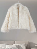 Fashionkova Elegant Solid Color Thick Faux Fur Coats Women Round Neck Long Sleeve Short Warm Jacket 2024 Winter New High Street Lady Outwear ootd