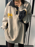 Fashionkova Contrast Color Splice Embroidery Neck Baggy Sweatshirt