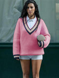 Fashionkova Valentine's Day Aesthetic Trendix Loose V Neck Knit Pullover Female Fashion Stripe Contrast Color Sweaters Winter Street Casual Long Sleeve Knitwear Coats