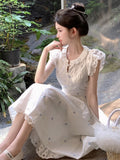 Fashionkova Women's Sweet Flying Sleeve Midi Dress Summer Embroidery Female Vintage O-Neck Clothes Elegant Lady Chic A-line One Pieces Robe Outfit Ideas