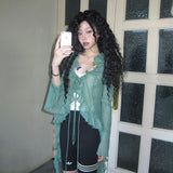Fashionkova Japanese Y2k Lace Shirt Vintage 2000s Style Ruffles Blouses Grunge Aesthetics Irregular Green Shirts American Retro 90s Spring Style 2025