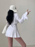 Fashionkova party look inspos Chelly Solid Color Slim Long Sleeves Shirt Pleated Button Up Waist Short Mini Dress