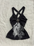 Fashionkova Sexy Y2k Goth Crop Tops Pattern Print 2000s Sweet  Punk Woman Clothing Sling V-neck Vintage Black Aesthetic Corset Harajuku Tees