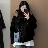 Fashionkova party look inspos Women's Cropped Down Jacket Big Fur Collar Buttoned Topcoat Solid Coat Female Thickned Warm Short Jacket 2024 Winter
