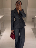 Fashionkova Elegant 3 Pieces Denim Blazer Long Pants Sets For Women Spring Single Breasted Suit Jacket Chic V-neck Vest Wide Leg Pants Suits ootd