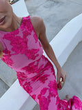 Fashionkova party look inspos Elegant 3D Flower  Long Dress for Women Slim O-neck Sleeveless Backless Hip Package Split Dresses 2024 Summer Mesh Evening Robe