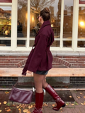 Fashionkova party look inspos Fashion Burgundy Collar Tied Short Coats Woman Casual Loose Pocket Long Sleeved Jacket 2025 Chic New Lady Winter Street Outwear