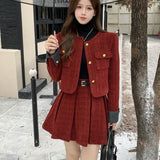 Fashionkova  party look inspos Autumn Winter New Red Tweed Two-piece Skirt Set Women Short Jacket Coat Pleated Mini Skirt Korean Fashion Chic Female Outfits