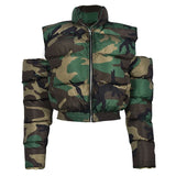 Fashionkova Street Women Camouflage Zipper Puffer Jacket Hollow Out Sleeve Camo Bubble Coats Stand Collar Collect Waist Parkas Down Jacket Valentine's Day Aesthetic