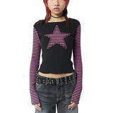 Fashionkova party look inspos Women Star Casual Shirt Y2k Gothic Tops Long Sleeve Crew Neck Star Stripes Vintage Aesthetic Slim Tops Fashion Grunge Streetwear