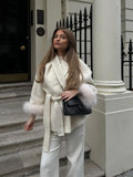 Fashionkova party look inspos Women Burgundy Patchwork Faux Fur Woolen Coat Elegant V-neck Lace Up Belt Jackets 2024 Autumn Winter Lady High Streetwear
