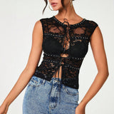 Fashionkova Tanks Spring Summer Fashion K-Style Lace Lace-Up Sleeveless Round-Neck Casual Daily Tanks For Women
