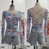Fashionkova Women Retro Printed Slim See Through Mesh Top With Contrasting Straps Backless Long Sleeve Bottoming Cropped Top Y2K Streetwear