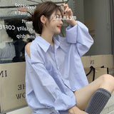 Fashionkova Off Shoulder Blue Striped Long Sleeve Women Chemise Femme Chic High Street Blouse Oversize Hollow Out Shirts Turn Down Collar Valentine's Day Aesthetic