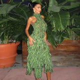 Fashionkova Tassel See Through High Neck Midi Dress Women Sexy Patchwork Halter Backless Sleeveless Irregular Party Prom Long Green Dresses Outfit Ideas