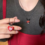 Fashionkova Trendy Y2K Cute Red Heart Mushroom Pendant Adjustable Black Rope Sweater Chain Necklace For Women Party Christmas Jewelry Gifts