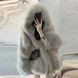 Fashionkova Fashion Hooded Faux Fox Fur Jacket Women Winter Warm Furry Jackets New Streetwear Loose Casual Gray Coats Female Outerwears ootd