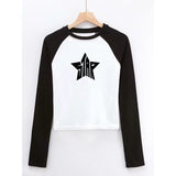 Fashionkova party look inspos Women T Shirts Star Top Pattern Print Casual Fashion Long Sleeve Crop Top Aesthetics T Shirts Patchwork Ladies Skinny Streetwear
