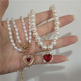 Fashionkova Kpop Vintage Baroque Red Crystal Heart Pendant Pearl Chain Necklace For Women Jewelry Wedding Christmas Gift Y2K Accessories