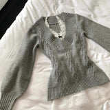 Fashionkova  Party Outfit  Vintage V-neck Gray All-match Knitted Pullover 2024 Autumn New Bottoming Tops Women Y2k Slimfit Long Sleeve Sweaters Mujer