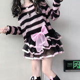 Fashionkova party look inspos Karrram Pink Striped Gothic Sweaters Women Ripped Holes Loose Knitted Pullover Frayed Fairy Grunge Jumpers Emo Streetwear Lolita