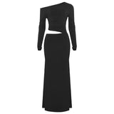 Fashionkova Valentine's Day Aesthetic Trendix Black Hollow Elegant Dress Women Sexy Off Shoulder Long Sleeve Sheath Dresses Femme Casual Club Slim Party Dress Autumn